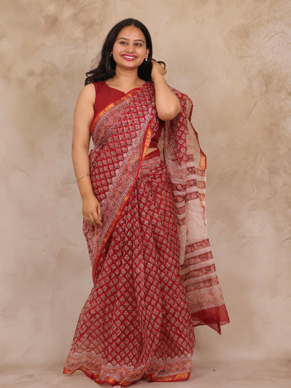 Red Pure Kota Doria Saree with Bagru Handblock Prints | Looms & Tassels