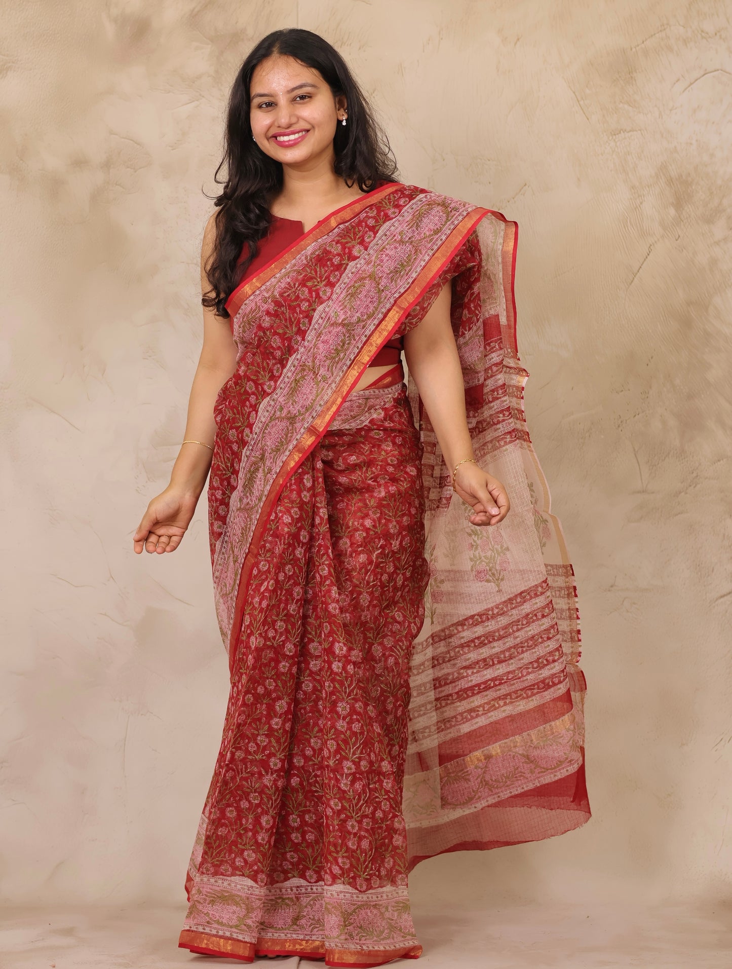 Maroon Pure Kota Doria Saree with Bagru Handblock Prints | Looms & Tassels