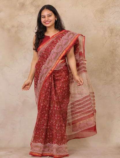 Maroon Pure Kota Doria Saree with Bagru Handblock Prints | Looms & Tassels
