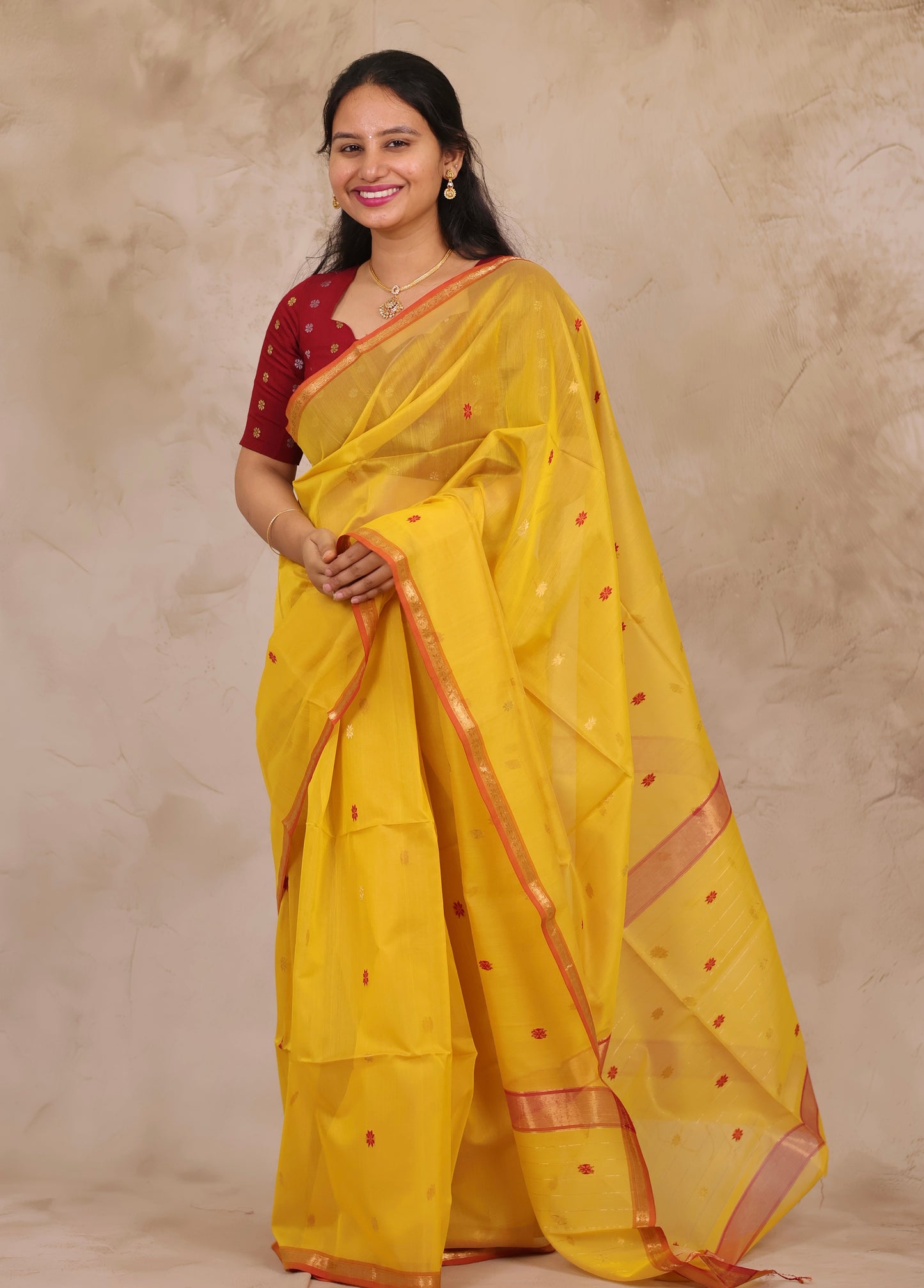 Yellow Handloom Maheswari Silk Cotton Sarees | Looms & Tassels