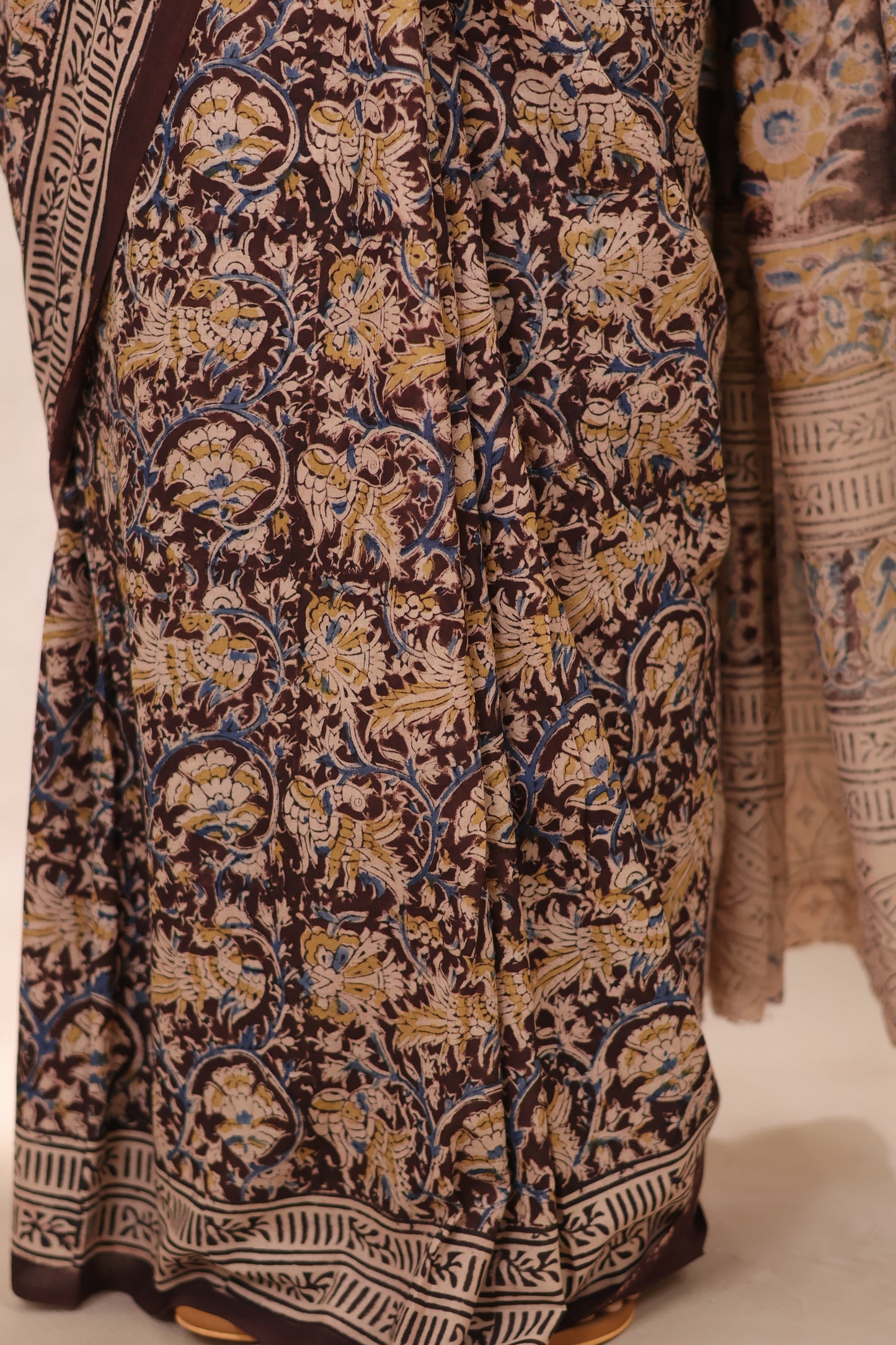 Brown Hand Block Printed Kalamkari Cotton Saree | Looms & Tassels