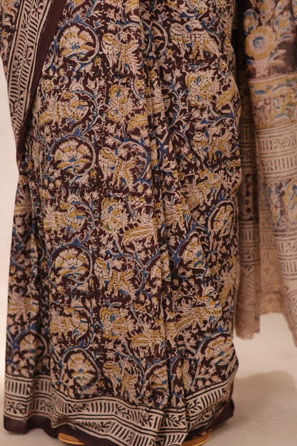 Brown Hand Block Printed Kalamkari Cotton Saree | Looms & Tassels