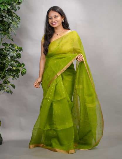 Parrot Green Handwoven Muslin Silk Saree With Sequence Work | Looms & Tassels