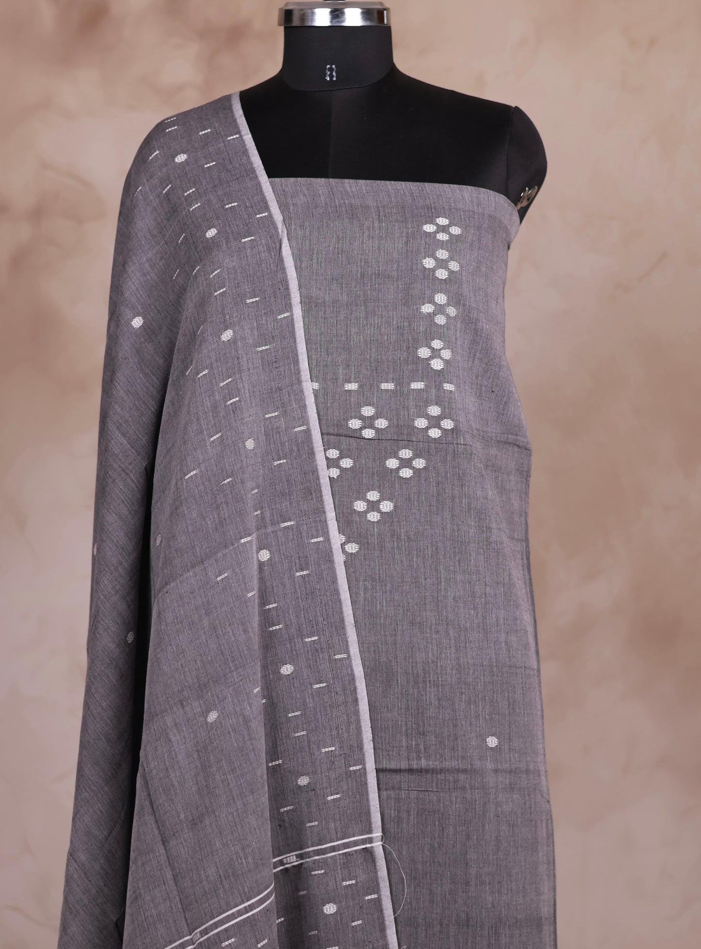 Grey Handwoven Jamdhani weaving pure Malai cotton 2 piece suit sets | Looms & Tassels