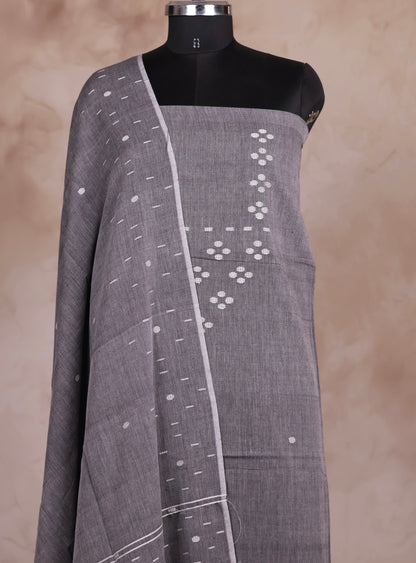 Grey Handwoven Jamdhani weaving pure Malai cotton 2 piece suit sets | Looms & Tassels