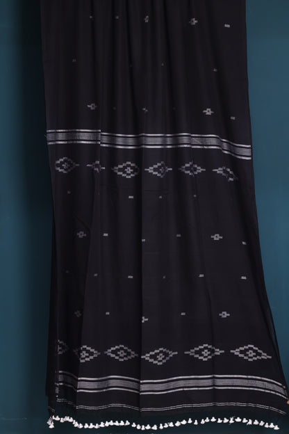 Black Pure Handwoven Malai Cotton Saree with Butta Weaving