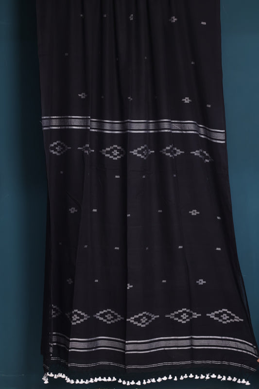 Black Pure Handwoven Malai Cotton Saree with Butta Weaving