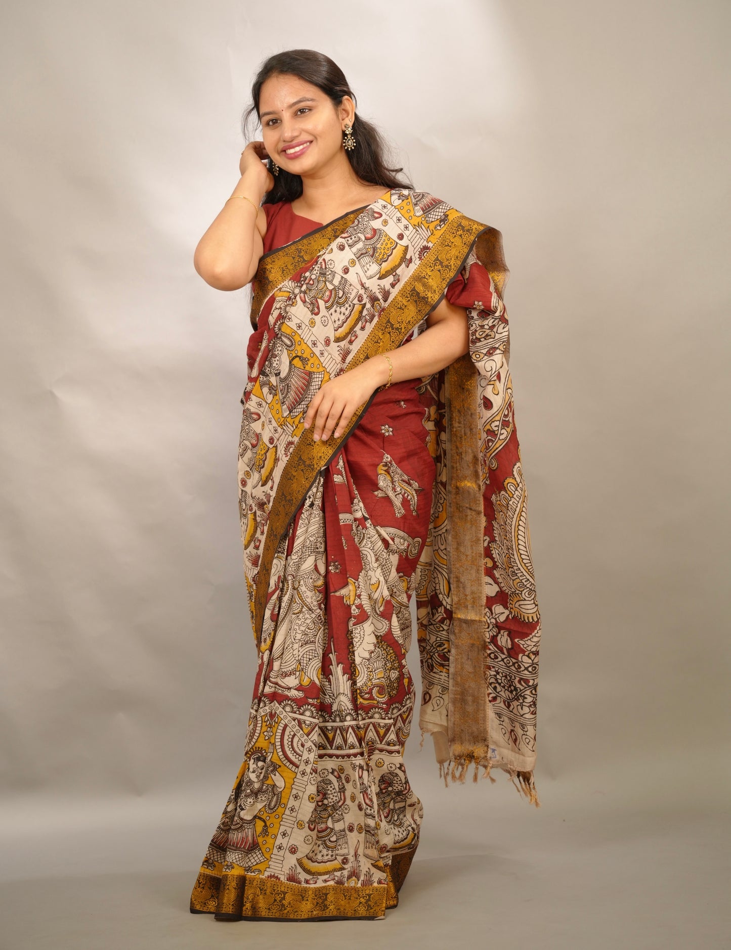 Maroon Kanchi border Kalamkari chennur silk saree | Looms & Tassels