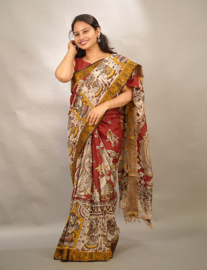 Maroon Kanchi border Kalamkari chennur silk saree | Looms & Tassels