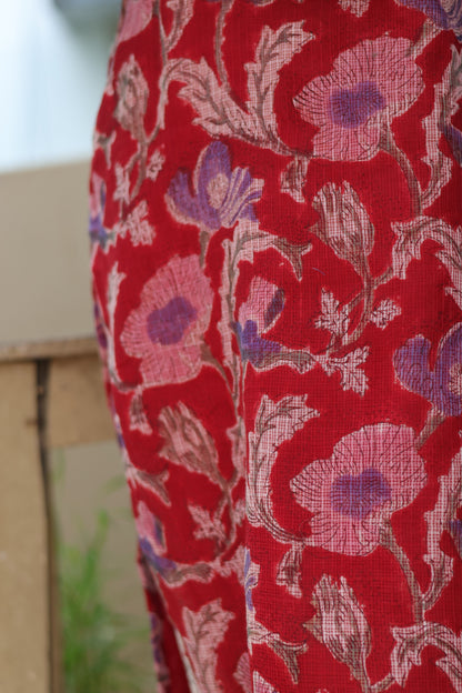 Red Handblock printed kota 3 piece suit (stitched)