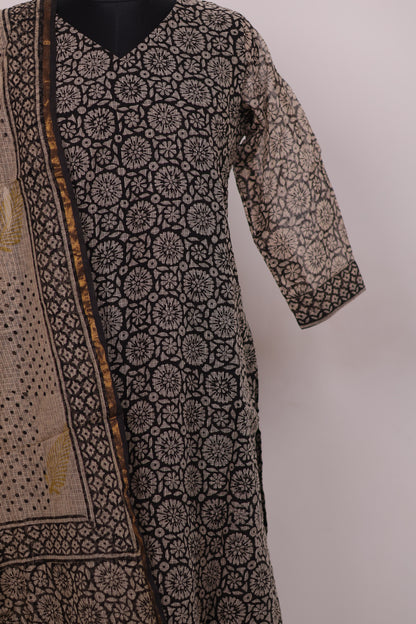 Black Handblock printed kota 3 piece suit (stitched)