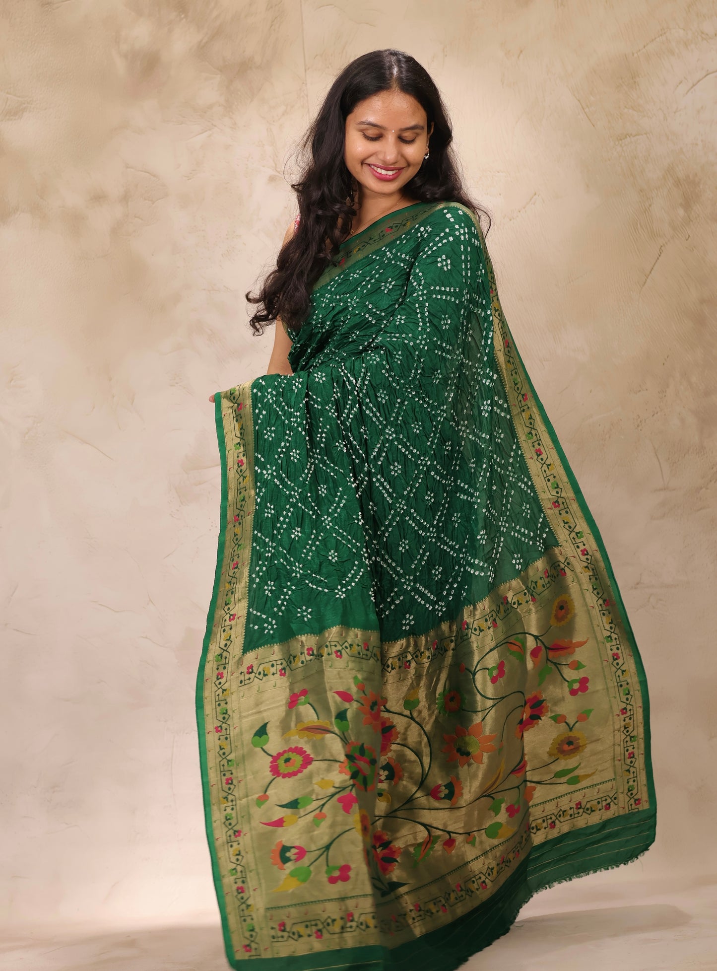 Green Handcrafted Pattern Bandhani Paithani Dola Silk Saree | Looms & Tassels