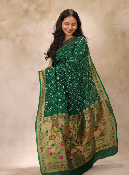 Green Handcrafted Pattern Bandhani Paithani Dola Silk Saree | Looms & Tassels