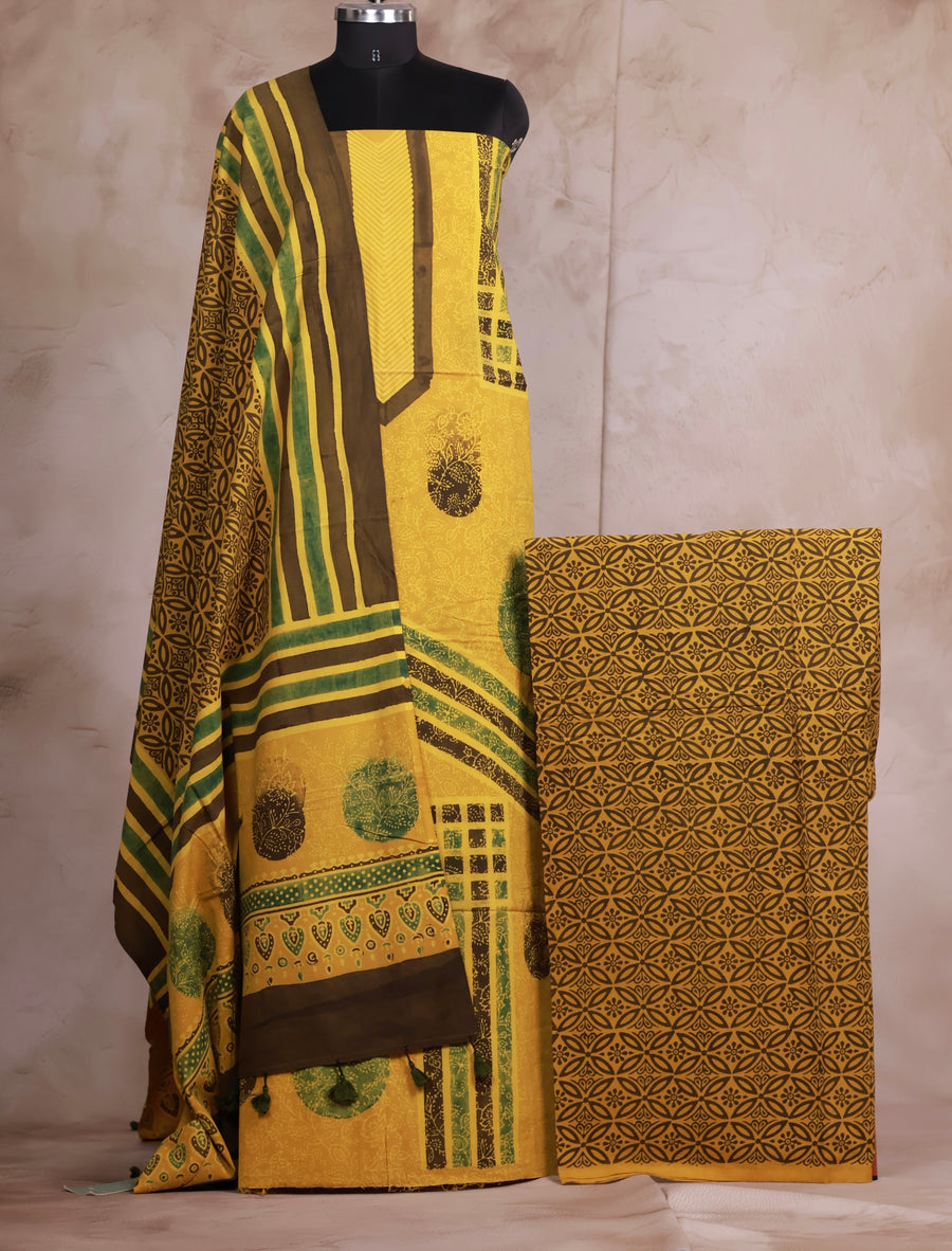Yellow Ajrakh Handblock Printed Pure Cotton 3 piece suit set | Looms & Tassels