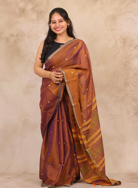 Mustard Narayanpet Cotton Saree With Butta Weaving | Looms & Tassels
