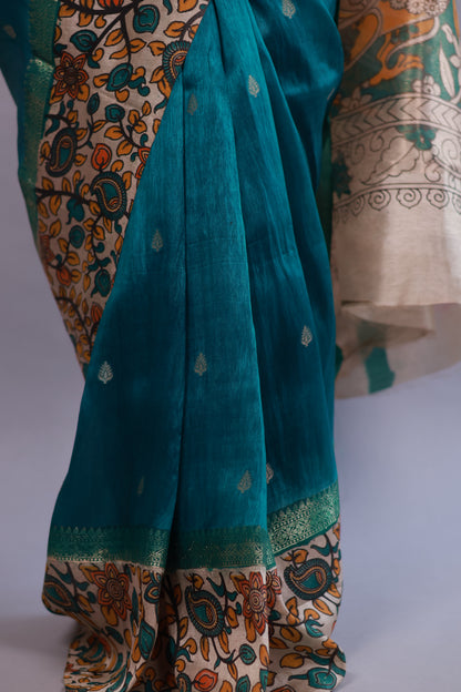 Peacock Green Chanderi Silk Kalamkari dyeing saree | Looms & Tassels