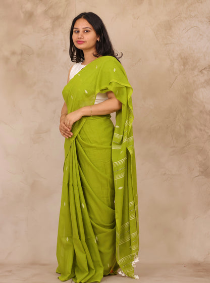 Parrot Green Malai Cotton Saree with Butta Weaving | Looms & Tassels