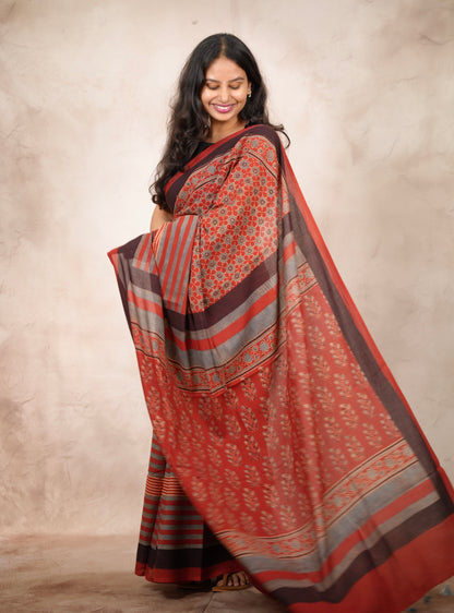 Red Ajrakh Hand Block Printed Cotton Saree | Looms & Tassels