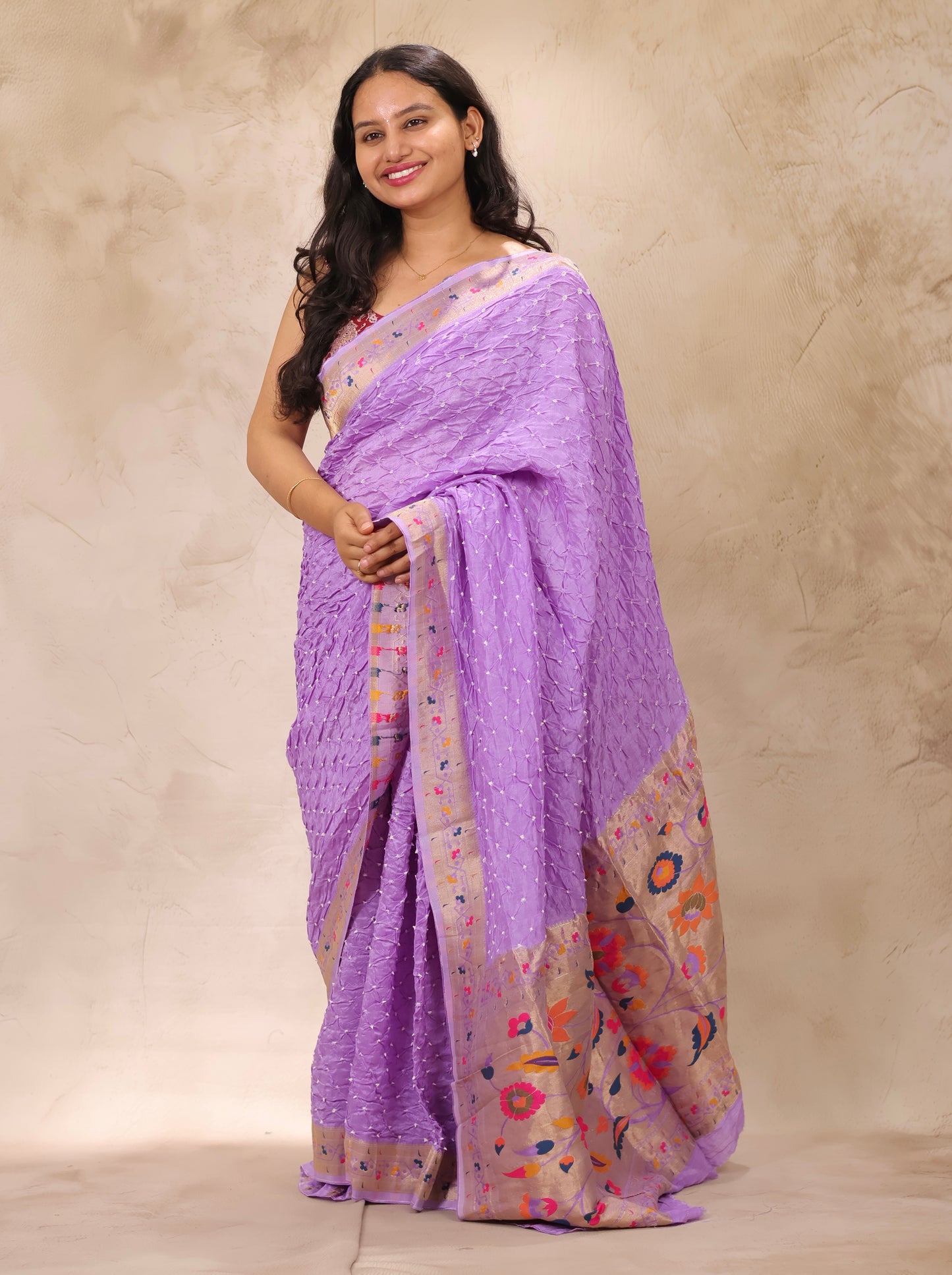 Pastel Lavender Handcrafted Bandhani Paithani Dola Silk Saree | Looms & Tassels