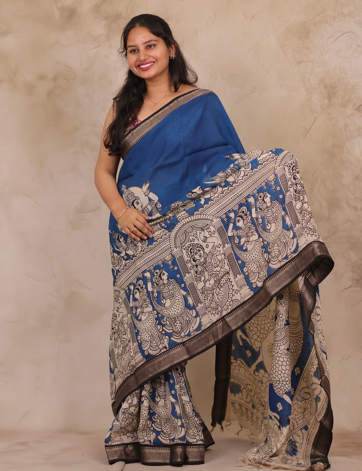 Cyan Blue Story Telling Kalamkari Nizam Border Chennur Silk Saree | Looms & Tassels