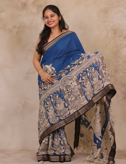 Cyan Blue Story Telling Kalamkari Nizam Border Chennur Silk Saree | Looms & Tassels