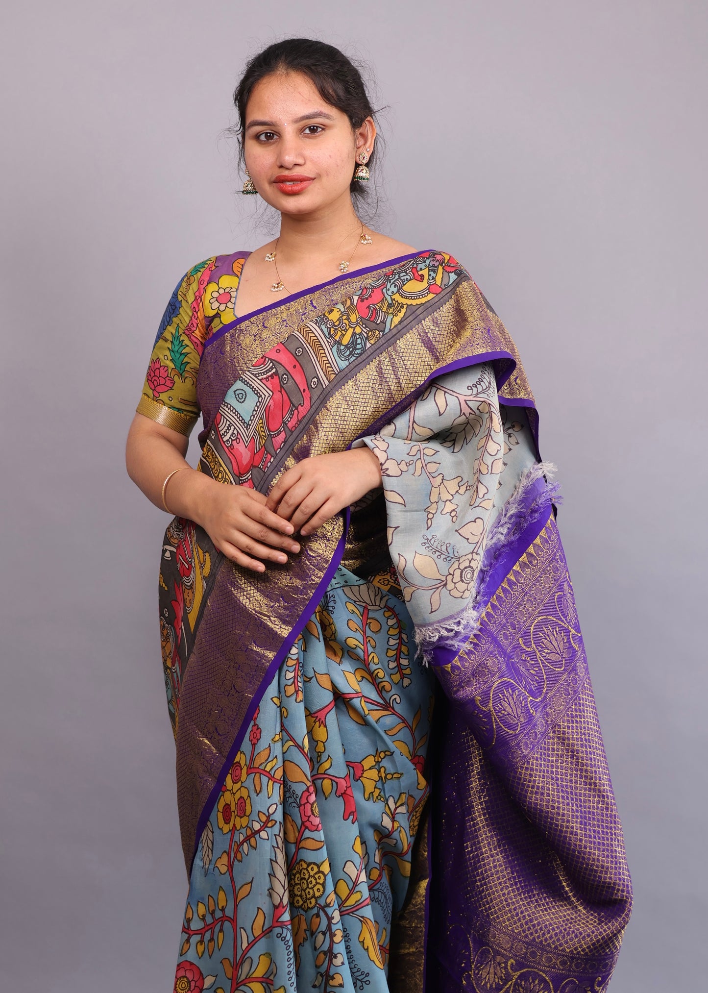 Blue Kanchi Pattu Hand Painted Pen Kalamkari Saree