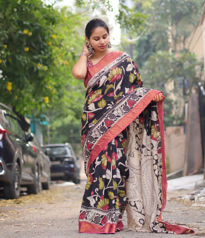 Black Nizam Border Kalamkari Silk Saree