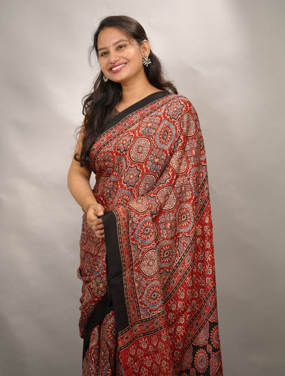 Maroon Badam Butta Authentic Ajrakh Handblock Printed Modal Silk Saree | Looms & Tassels