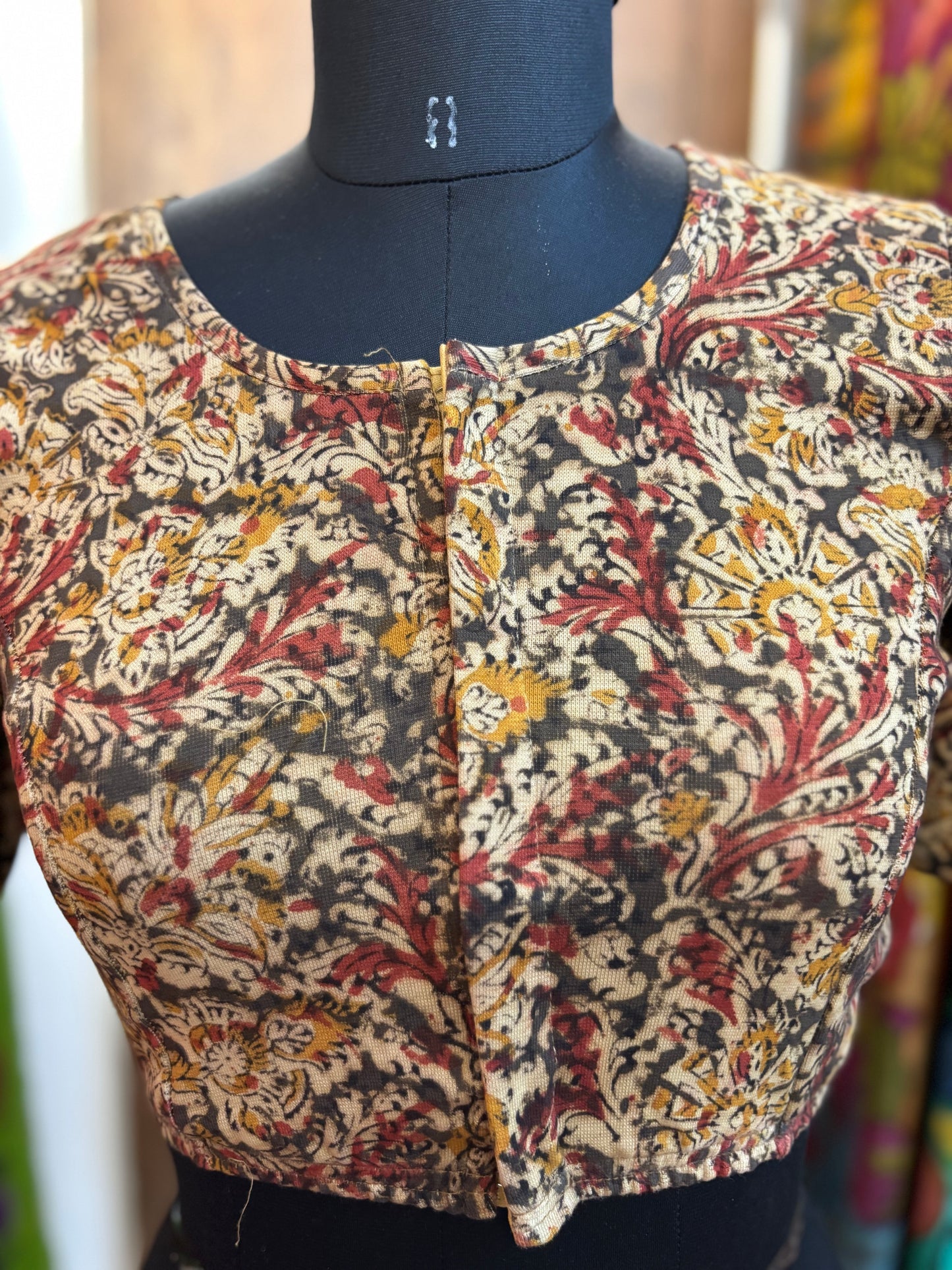 Round neck Stretchable Hand block printed kalamkari blouse with front hooks