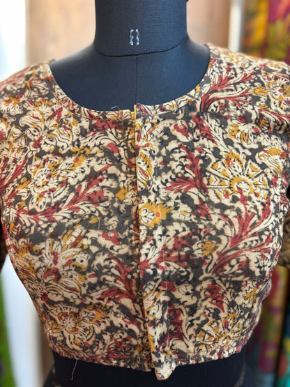 Round neck Stretchable Hand block printed kalamkari blouse with front hooks