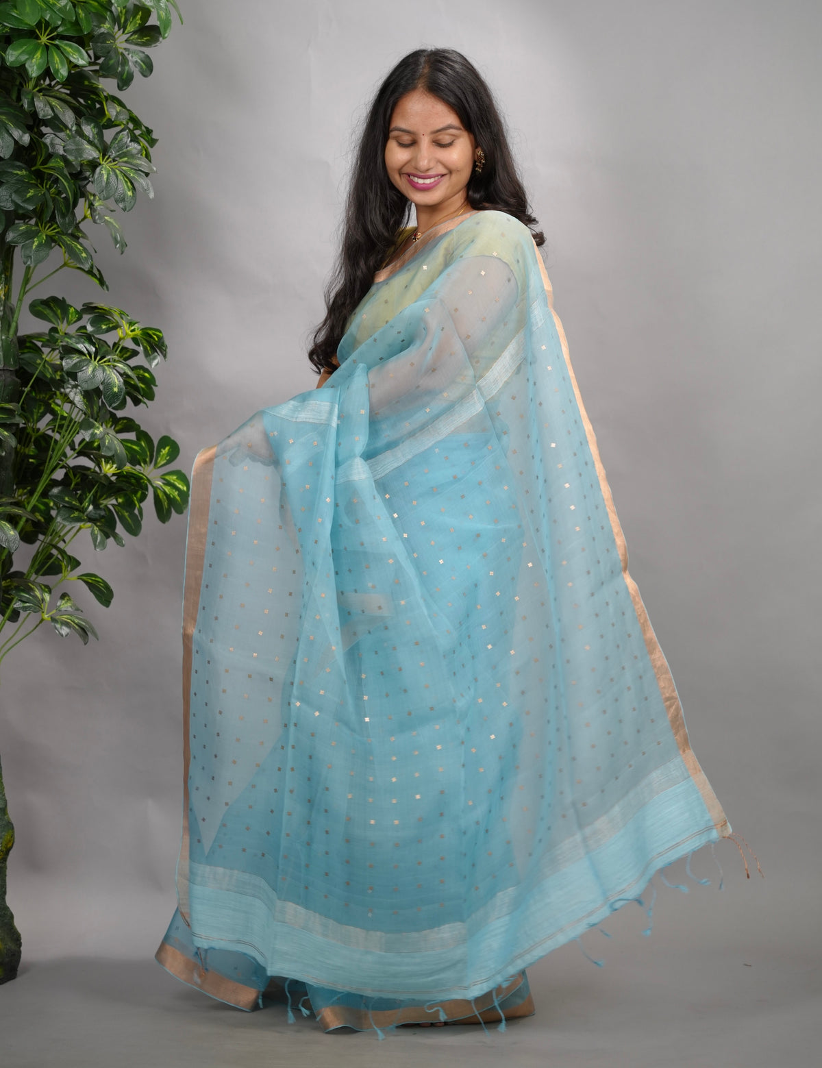 Sky Blue Handwoven Muslin Silk Saree With Sequence Work | Looms & Tassels