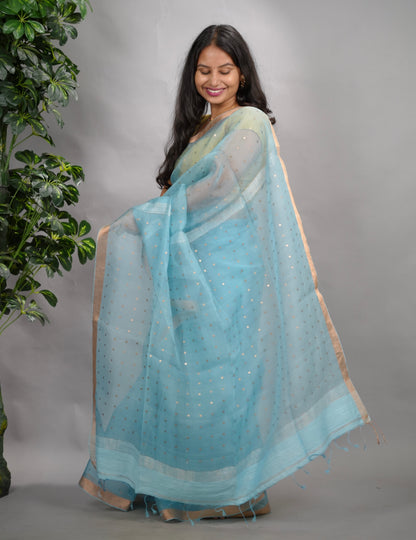 Sky Blue Handwoven Muslin Silk Saree With Sequence Work | Looms & Tassels