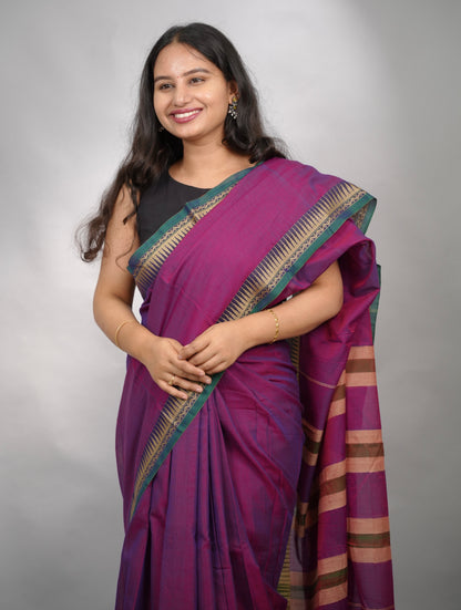 Purple Narayanpet Cotton Saree With Temple Border | Looms & Tassels