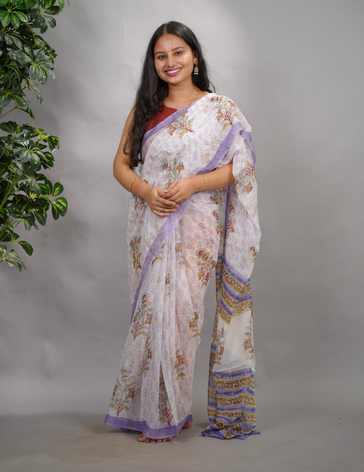 White & Lavender Hand Block Printed chiffon Saree| Looms & Tassels