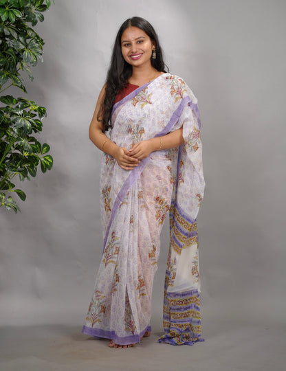 White & Lavender Hand Block Printed chiffon Saree| Looms & Tassels