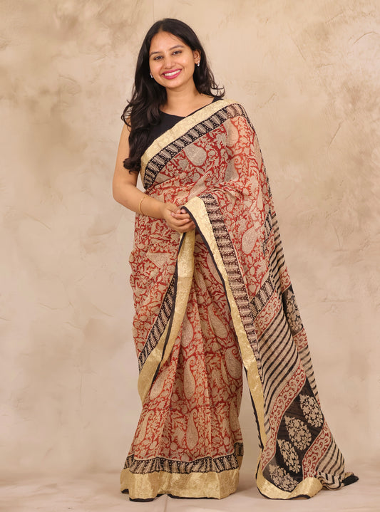 Maroon Chiffon Hand Block Printed Saree with Jari Border | Looms & Tassels