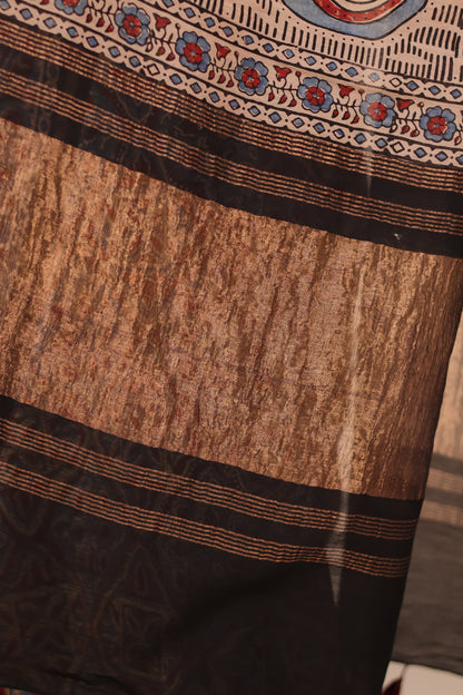 Maheswari Silk Cotton Ajrakh Handblock Printed Saree | Looms & Tassels