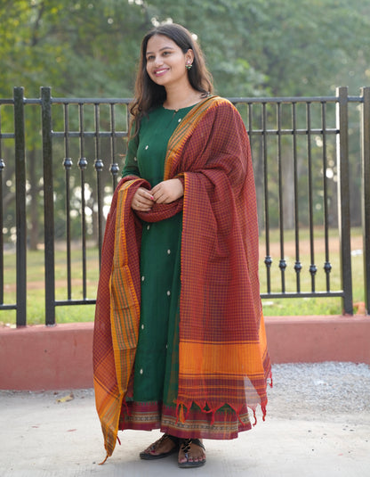 Green Narayanpet Cotton Anarkali Dress with Narayanpet Dupatta | Looms & Tassels