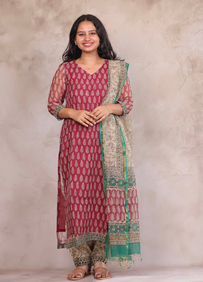 Maroon Bagru Handblock printed kota 3 piece suit (stitched)
