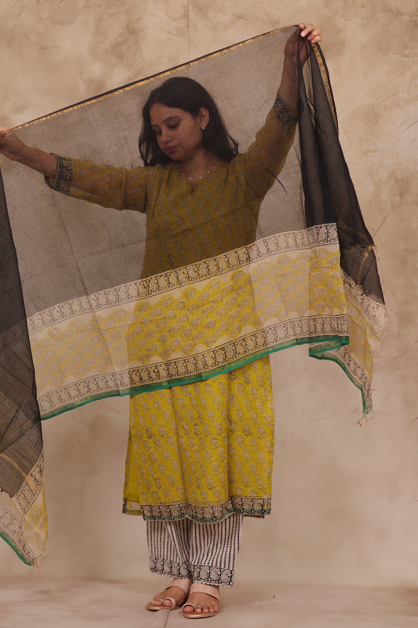 Yellow Handblock printed kota 3 piece suit (stitched)