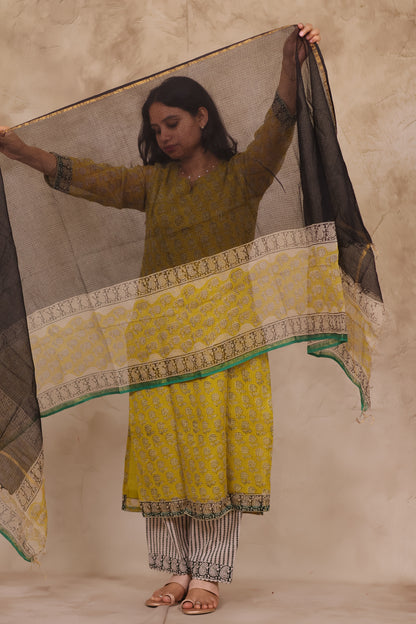 Yellow Handblock printed kota 3 piece suit (stitched)