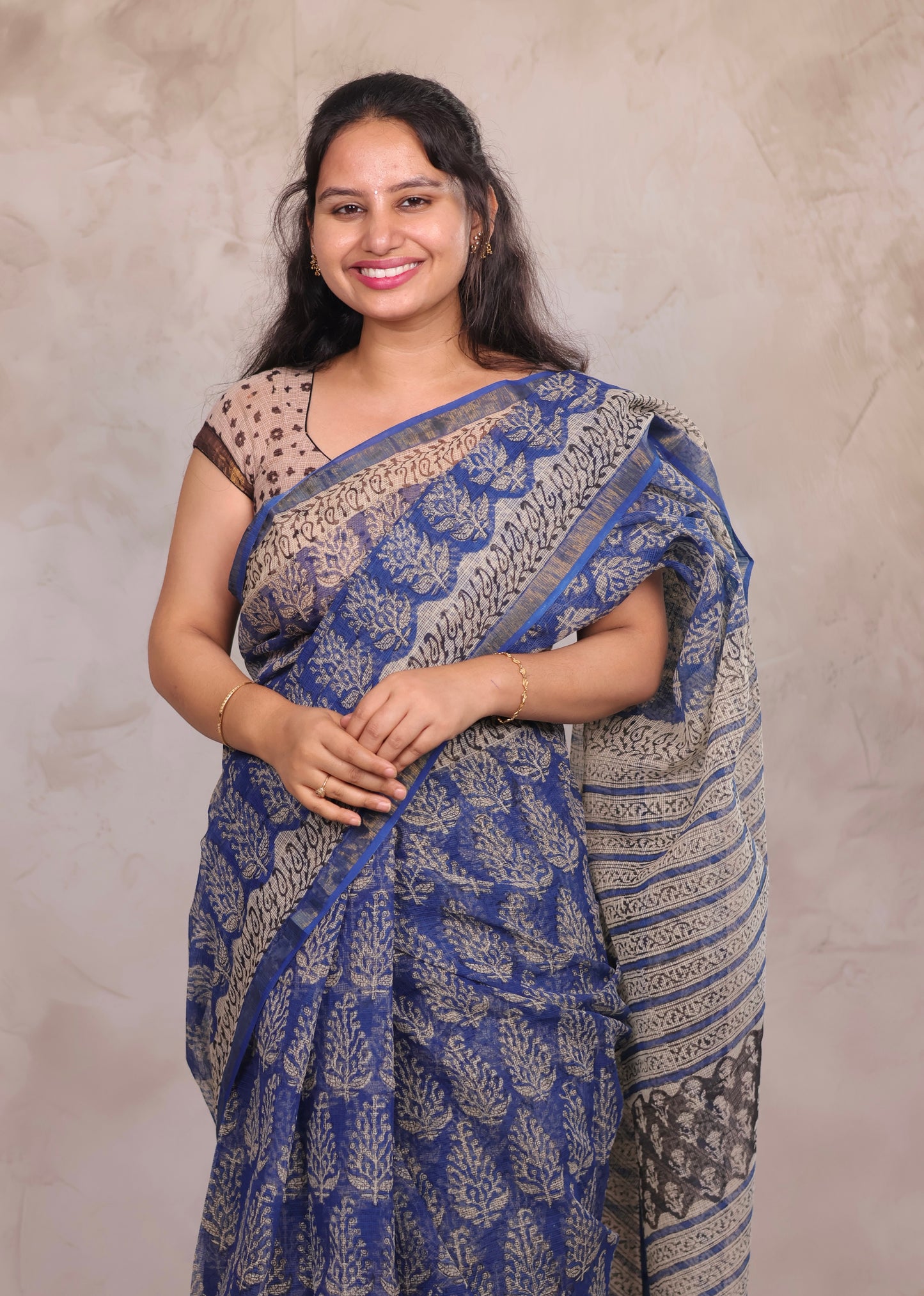 Blue Pure Kota Doria Saree with Bagru Handblock Prints | Looms & Tassels
