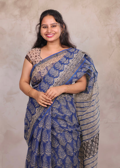 Blue Pure Kota Doria Saree with Bagru Handblock Prints | Looms & Tassels