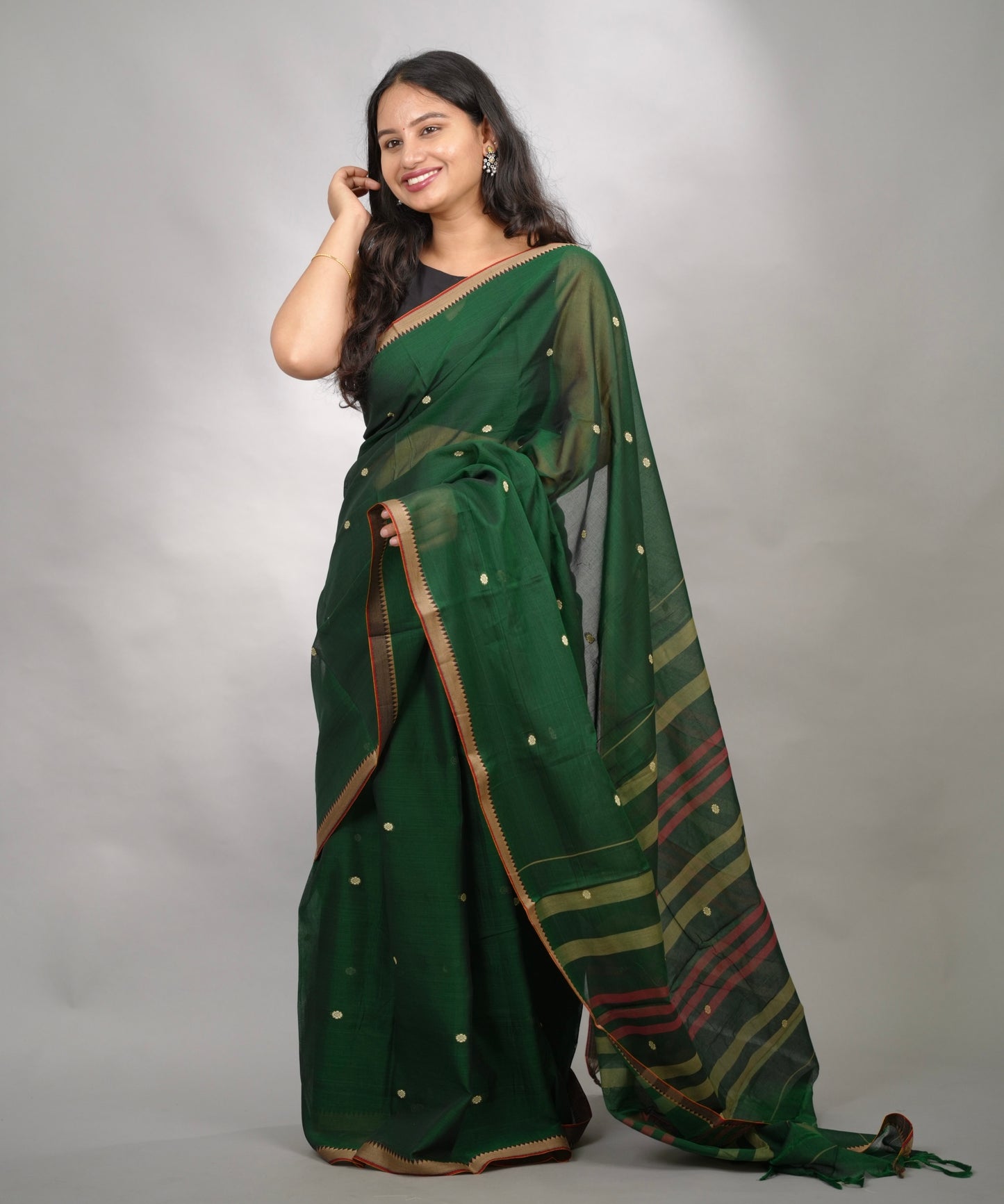 Green Narayanpet Cotton Saree With Butta Weaving | Looms & Tassels