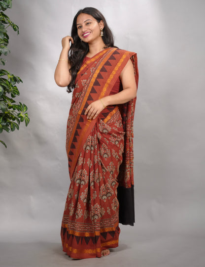 Red Ajrakh Hand Block Printed Sungudi Cotton Saree | Looms & Tassels