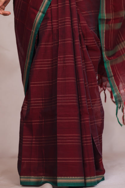 Maroon Narayanpet Cotton Saree lines weaving Saree | Looms & Tassels
