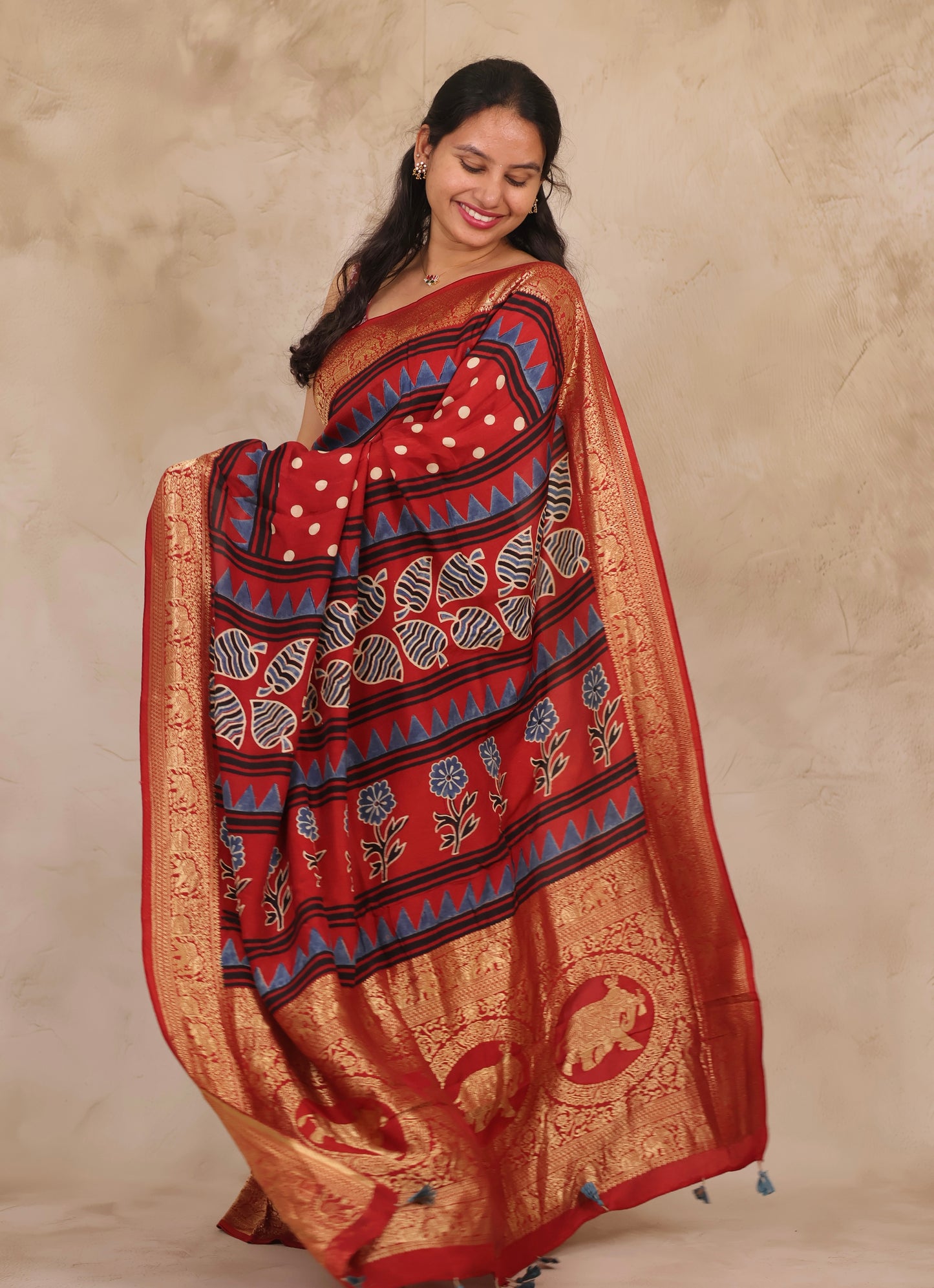 Red Ajrakh Handblock printed Dola Silk Saree | Looms & Tassels