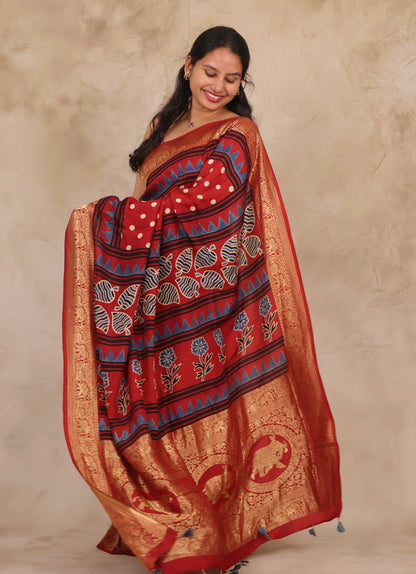 Red Ajrakh Handblock printed Dola Silk Saree | Looms & Tassels