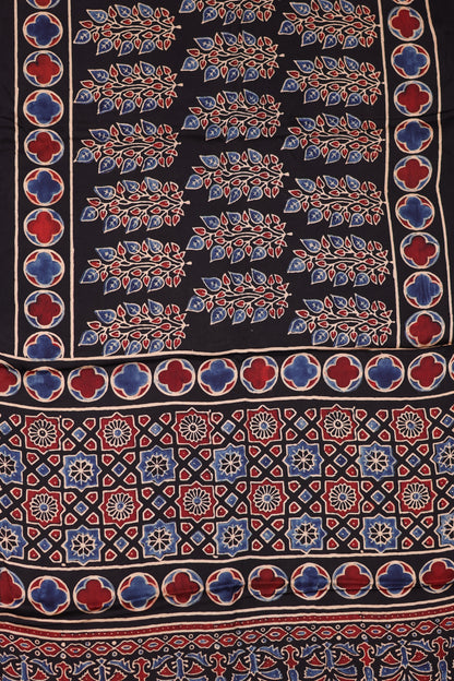 Black Ajrakh Hand Block Printed Modal Silk Stole | Looms & Tassels