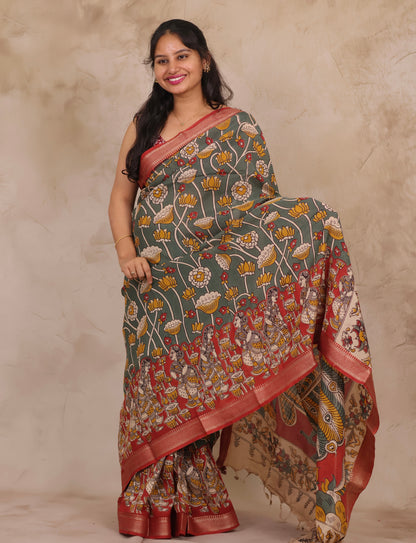 Gray Kalamkari Nizam Border Chennur Silk Saree | Looms & Tassels